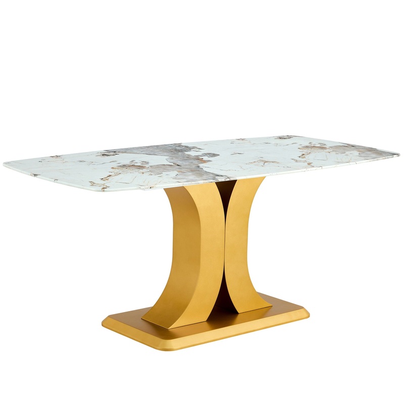 Modern Minimalist Dining Table With Imitation Marbled Glass Top And Legs For Kitchen And Living Room – Gold