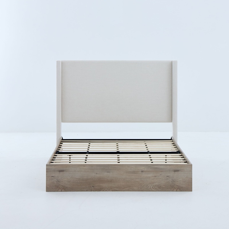 Shelton – Queen Upholstered Wingback Bed With 54 High Headboard – Ivory / Light Gray / Camel Oak