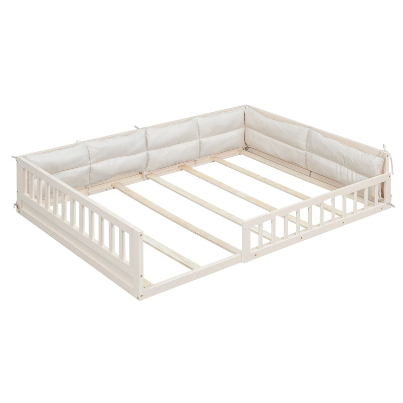 Wood Full Size Upholstered Platform Bed With Guardrail And Pillow – Beige