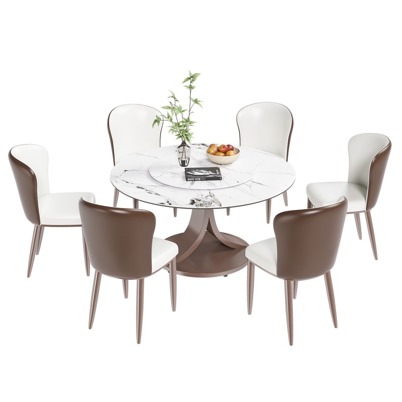 Round Dining Table With 360 Rotating Lazy Susan For Dining Room & Kitchen, 6 Chairs – White