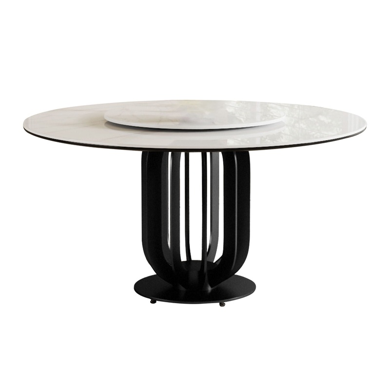 Round Dining Table With Carbon Steel Base And Lazy Susan / For Kitchen And Dining Room, 4 Chairs – Black / White