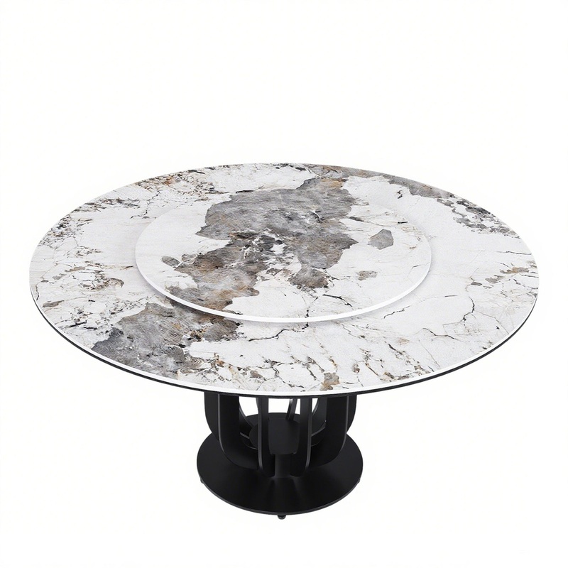 Round Dining Table With Carbon Steel Base And Lazy Susan Industrial Style – Black / White