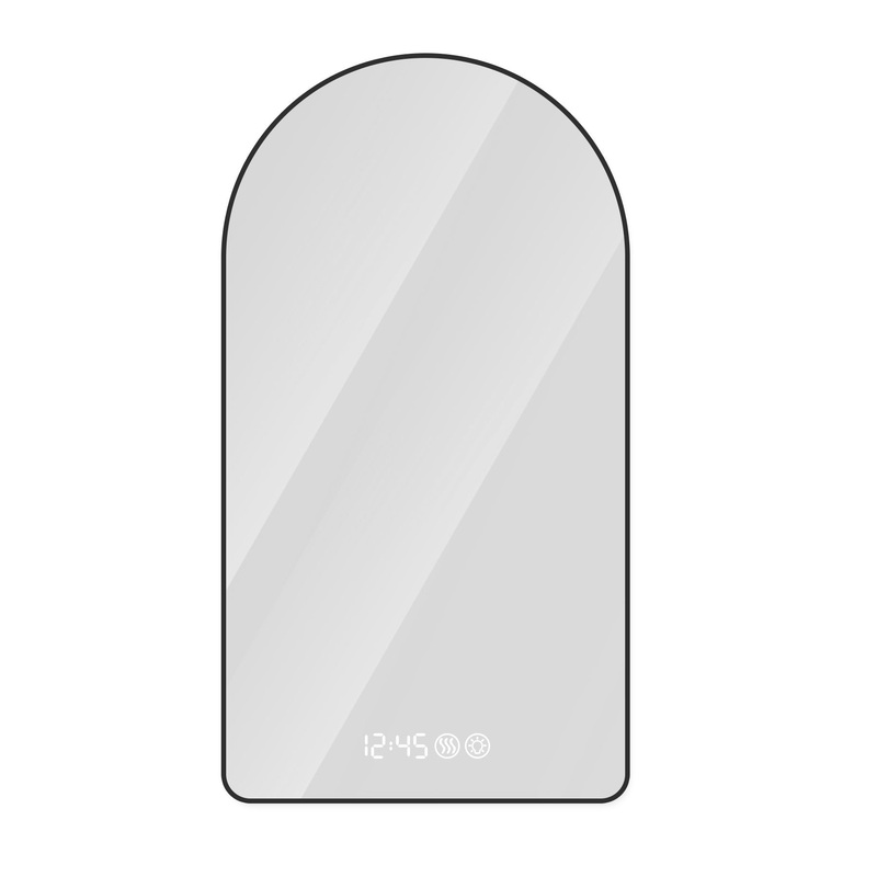 Modern Arched LED Bathroom Mirror With Time And Temperature Display, Anti Fog, Dimmable Light – Black