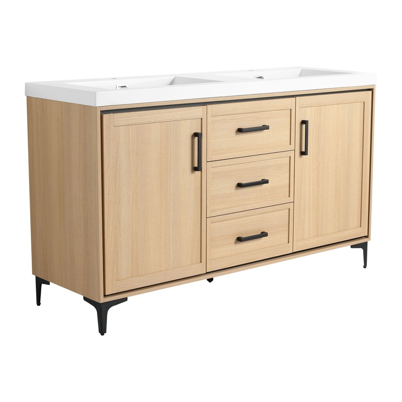 Original 60 Freestanding Bathroom Vanity With Double Resin Sink Plywood Soft Closing Doors & Drawers – Oak