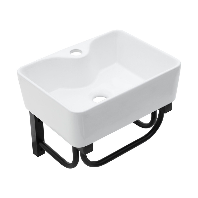 Rectangular Bathroom Sink With Towel Bar & Faucet Hole, Wall Mounted – White