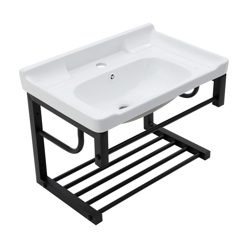 Wall Mounted Rectangular Bathroom Sink With Towel Bar & Overflow – White