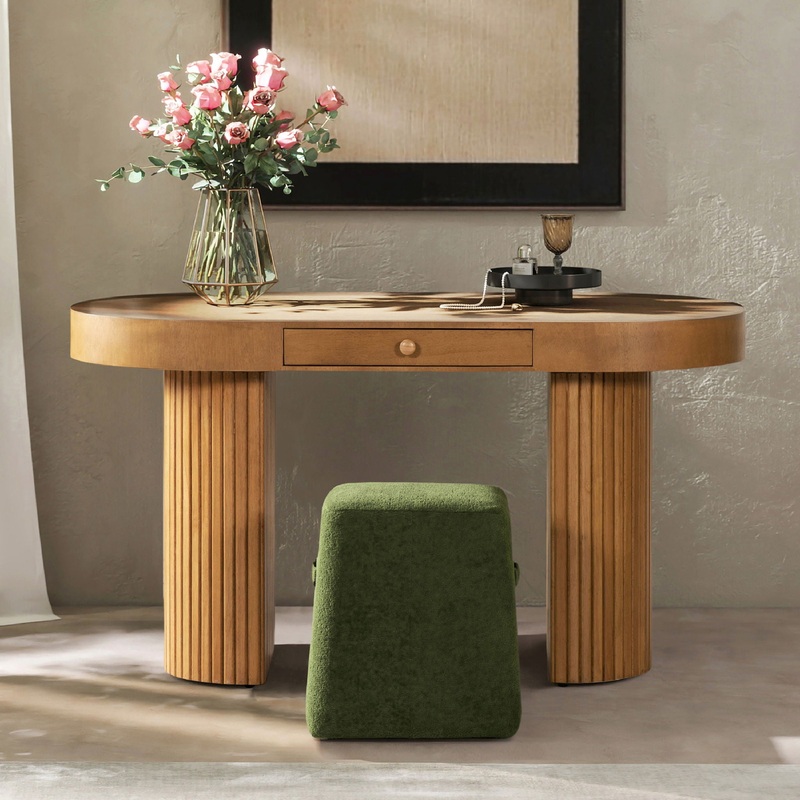 Jesse – Single Drawer Fluted Oval Console Desk – Honey Brown