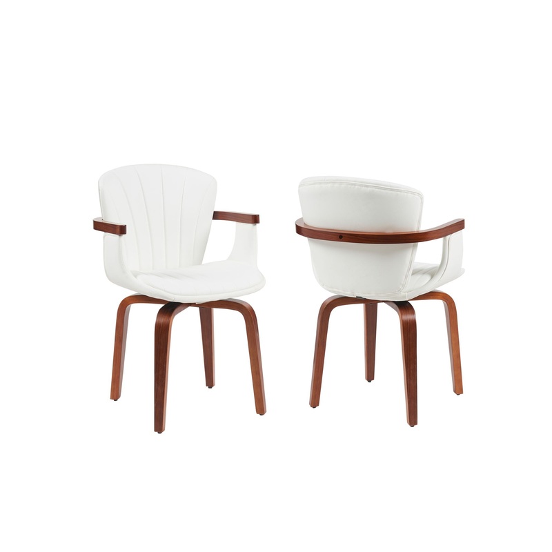 Mid Century Modern Bentwood Swivel Dining Chairs (Set of 2) – White / Walnut