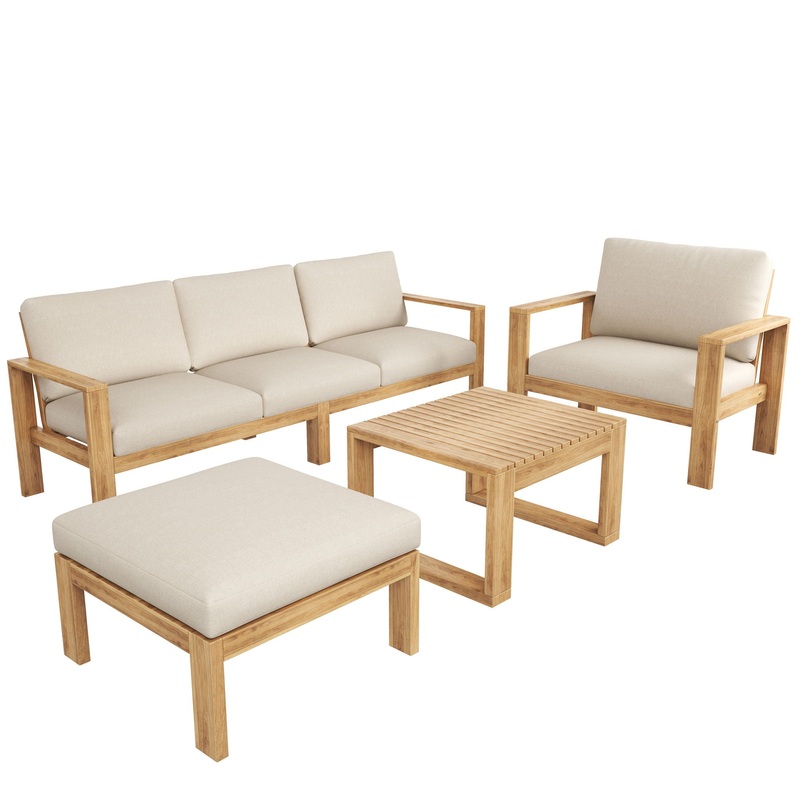 Outdoor 4 Pieces Acacia Sectional Patio Sofa Set – Light Gray / Teak