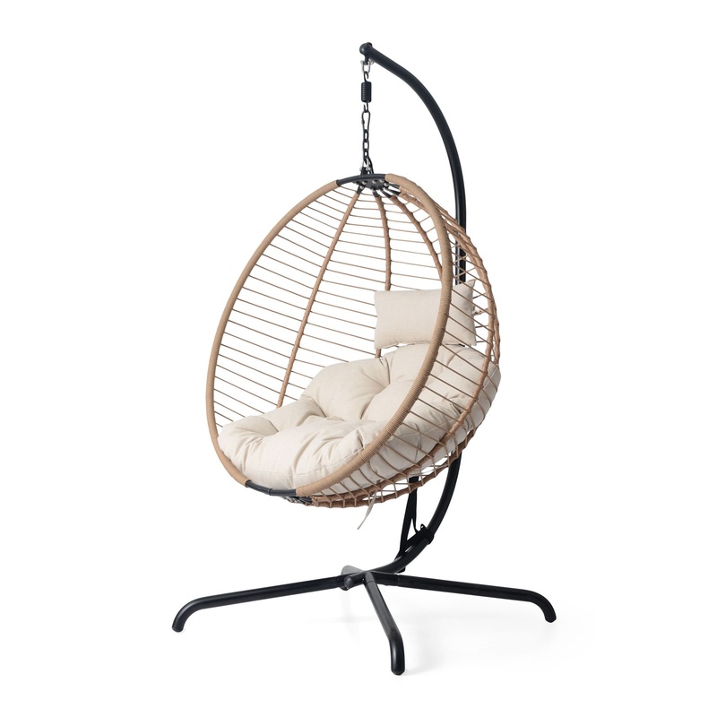 Sora – Outdoor Patio Wicker Hanging Chair With Stand – Beige / Brown