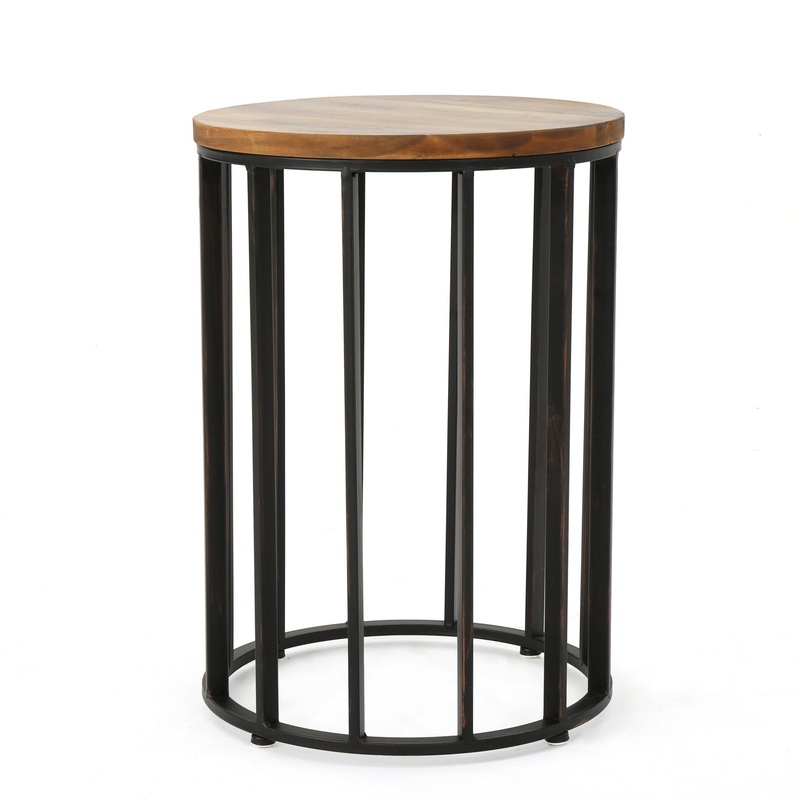 Outdoor Cylindrical Side Table With Round Solid Wood Top And Metal Frame – Natural
