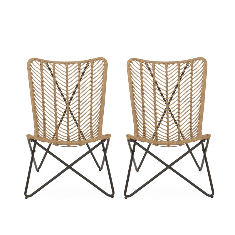Wicker Chair With Geometric Cross Base, (Set of 2) – Light Brown