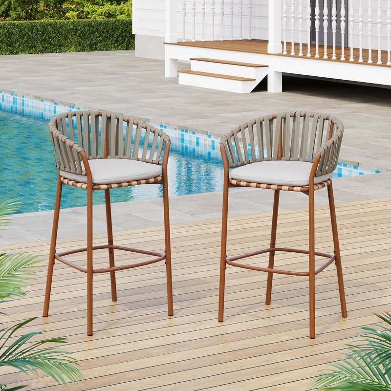Lodi – Outdoor Matal Rope Barstool, Teak / Beige (Set of 2) – Teak / Beige