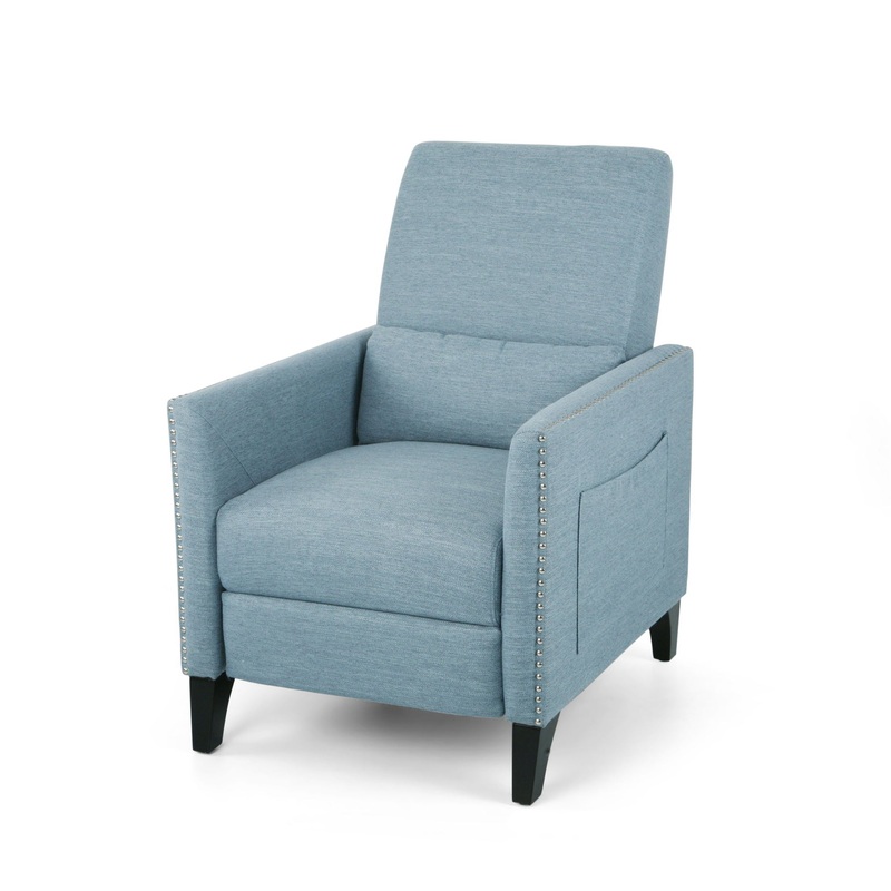Repose Upholstered Recliner Chair With Nailhead Trim And Side Pocket – Light Blue