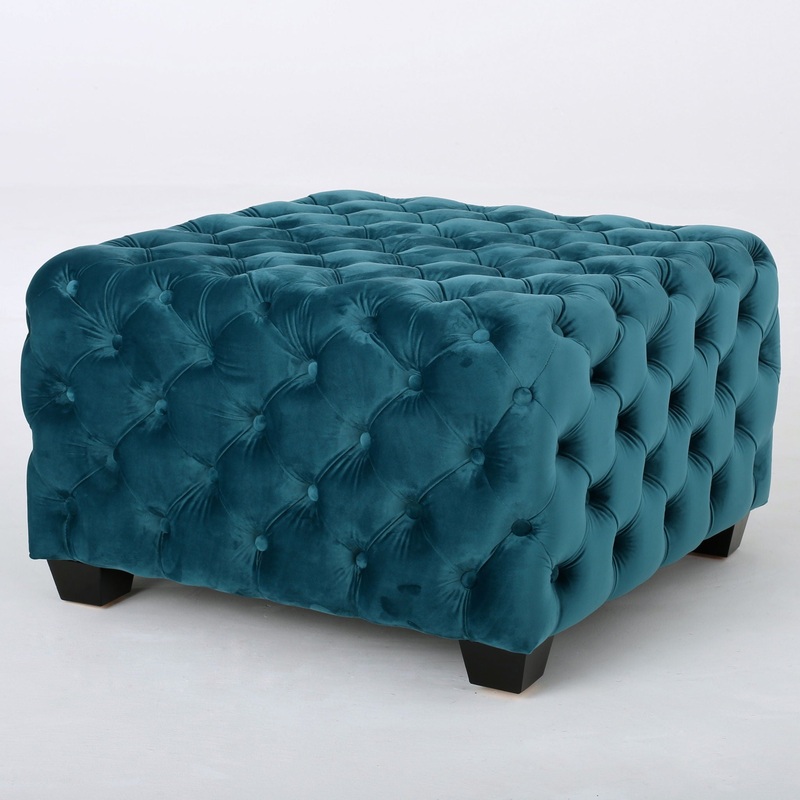Unwind Upholstered Square Ottoman With Button Tufted Diamond Stitch – Teal