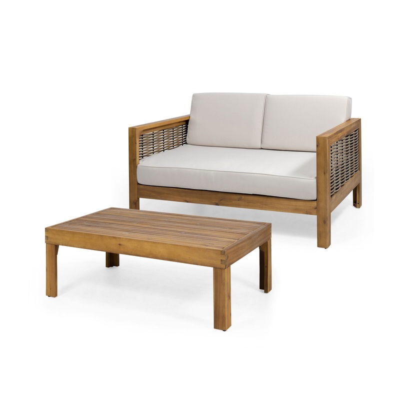Outdoor Patio Set With Coffee Table And Loveseat – Teak / Beige