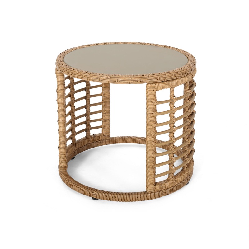 Outdoor Side Table With Tempered Glass Top And Rattan Wicker Cover – Light Brown