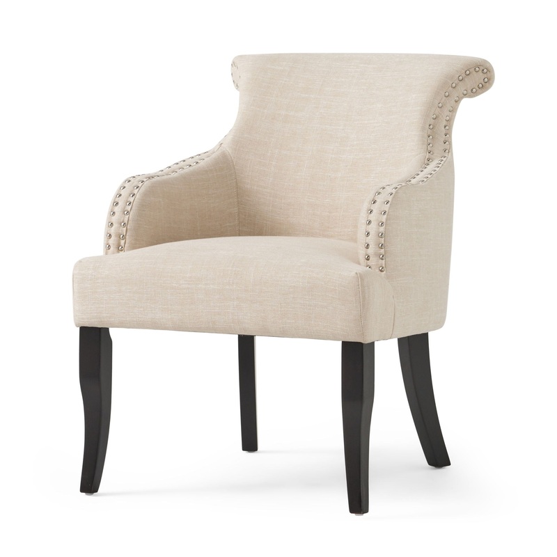 Upholstered Armchair With Rolled Back, Tapered Legs And Nailhead Trim – Light Beige