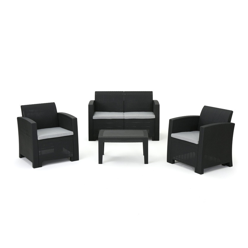 Zephyra – Outdoor 4 Piece Faux Wicker Rattan Chat Set With Water Resistant Cushions – Gray