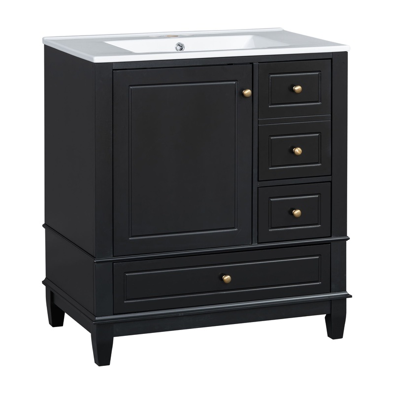 30 Bathroom Vanity With Sink, 1 Door With Shelf And 3 Drawers, Soft Close Door – Black