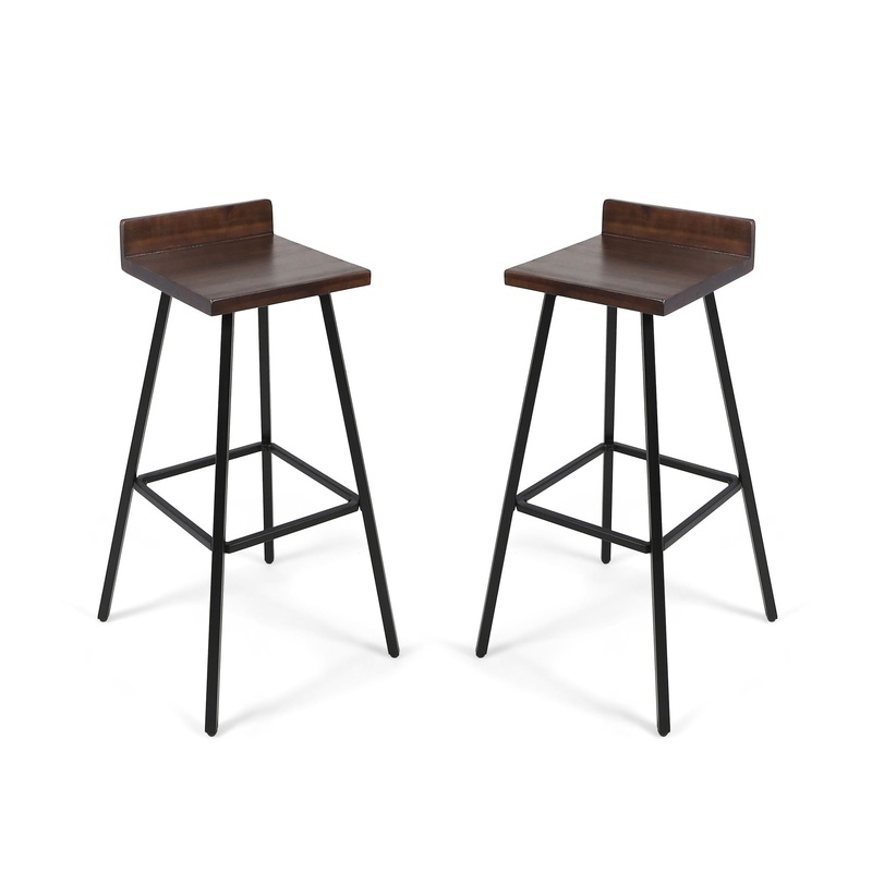 Outdoor Bar Stool With Low Backrests And Wood Seats (Set of 2) – Dark Brown / Black
