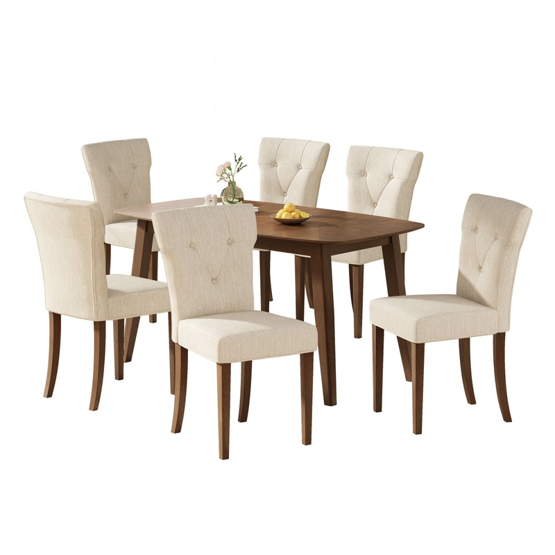 Modern Indoor Wood Dining Set With Chairs And Table, Rubber Wood, 6 Piece – Cream / Walnut