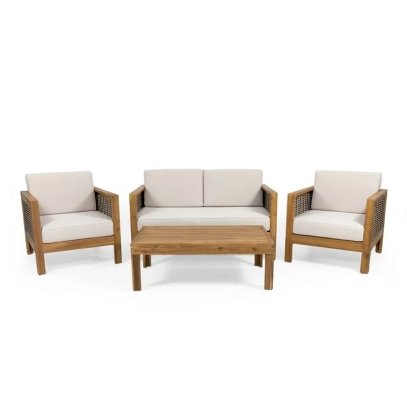 Outdoor 4 Seater Acacia Wood Chat Set With Wicker Accents And Cushions – Teak / Mixed Brown / Beige