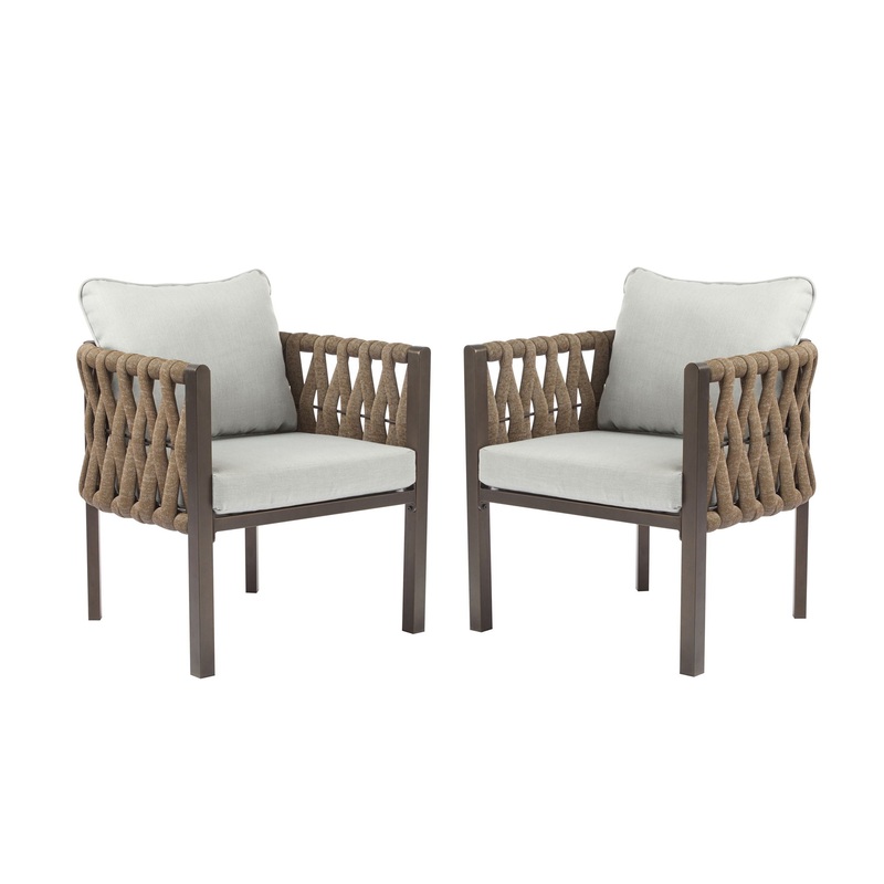 2 Pieces Outdoor Metal Patio Club Chair, Patio Furniture Arm Chair With Cushion, Modern Outdoor Furniture Deep Seating For Porch, Garden, Backyard, Balcony – Brown / Light Gray