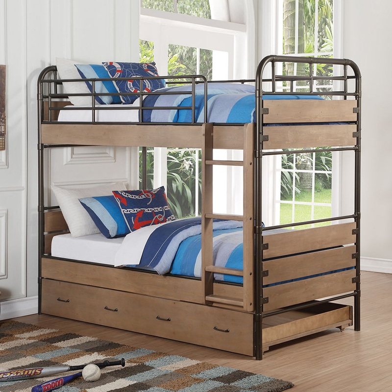 Adams – Twin Over Twin Bunk Bed With Trundle – Antique Oak & Gunmetal