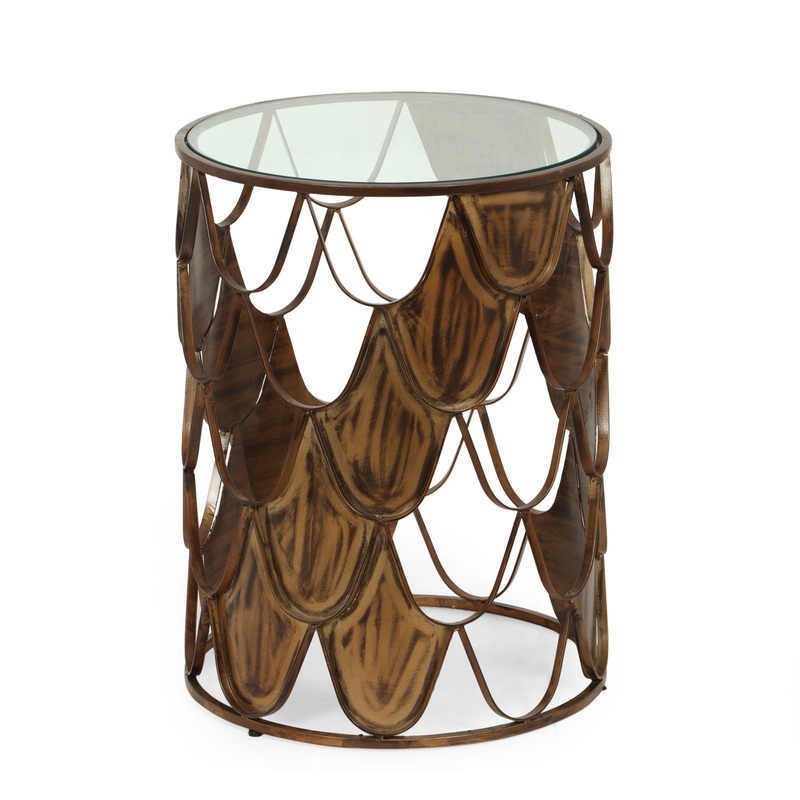 Boho Glam Pino Side Table With Fish Scale Design Tempered Glass Top – Brown