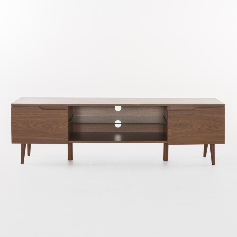 Modern TV Stand With Storage, Tempered Glass Shelf – Walnut