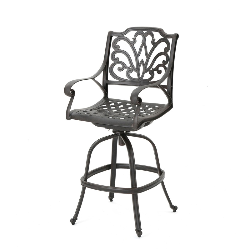 Outdoor Cast Aluminum Swivel Bar Stool With Scrolled Arms – Bronze