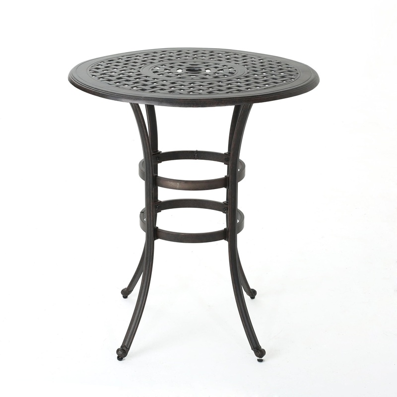 Traditional Style Cast Aluminum Bar Table With Lattice Design And Umbrella Holder – Bronze
