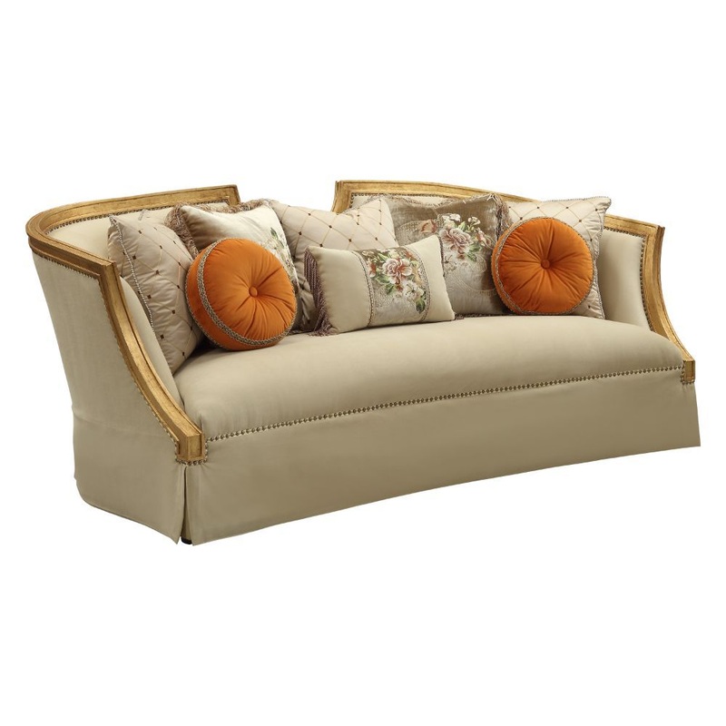 Daesha – Sofa With 8 Pillows – Tan Flannel & Antique Gold