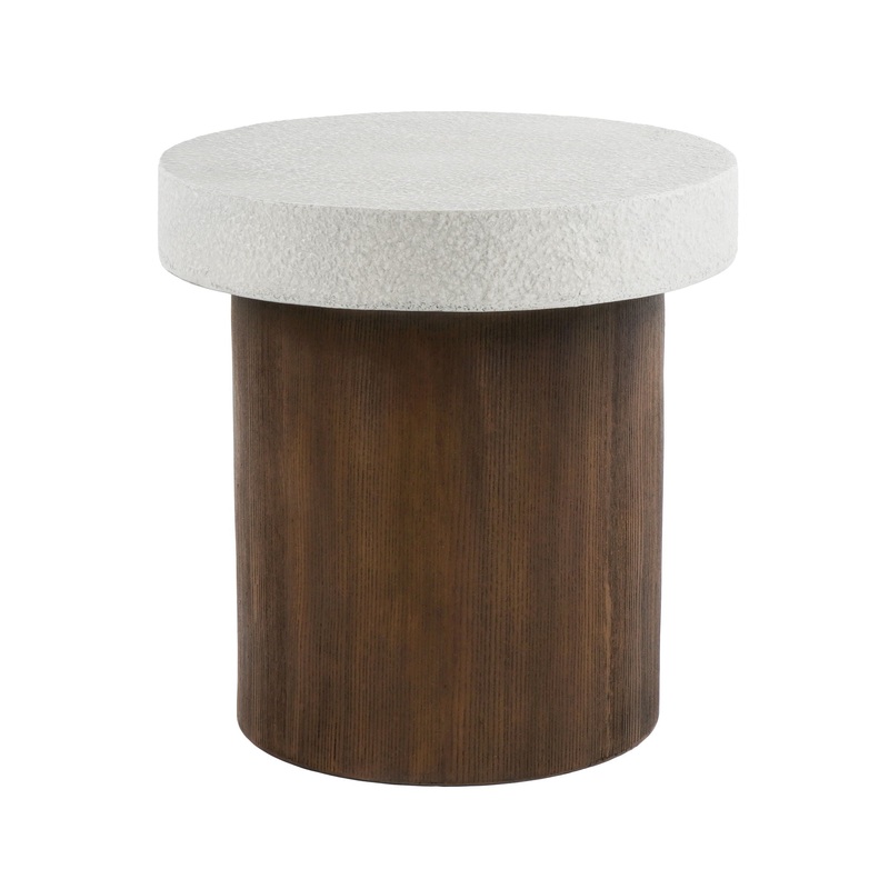 Mgo Cylindrical Side Table With Faux Stone Top And Wood Faux Base – Antique White / Natural
