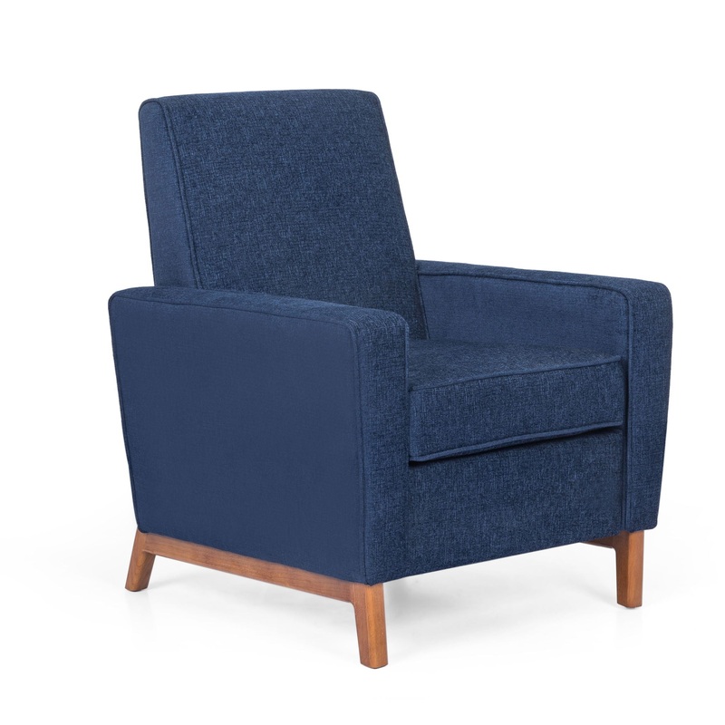 Mid Century Modern Club Chair With Upholstery And Rubberwood Legs – Navy Blue