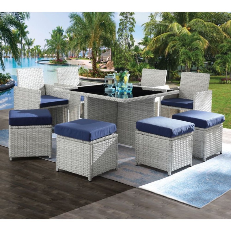 Paitalyi – 9 Piece Bistro Set – Blue Fabric & Wicker