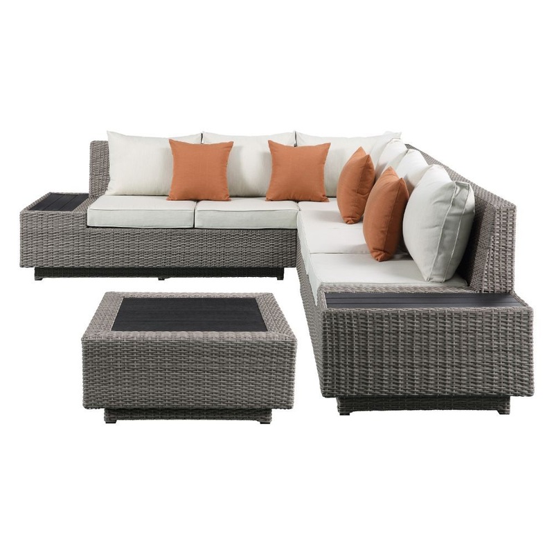 Salena – Patio Sectional Sofa With 4 Pillows & Coffee Table – Beige Fabric & Gray Wicker