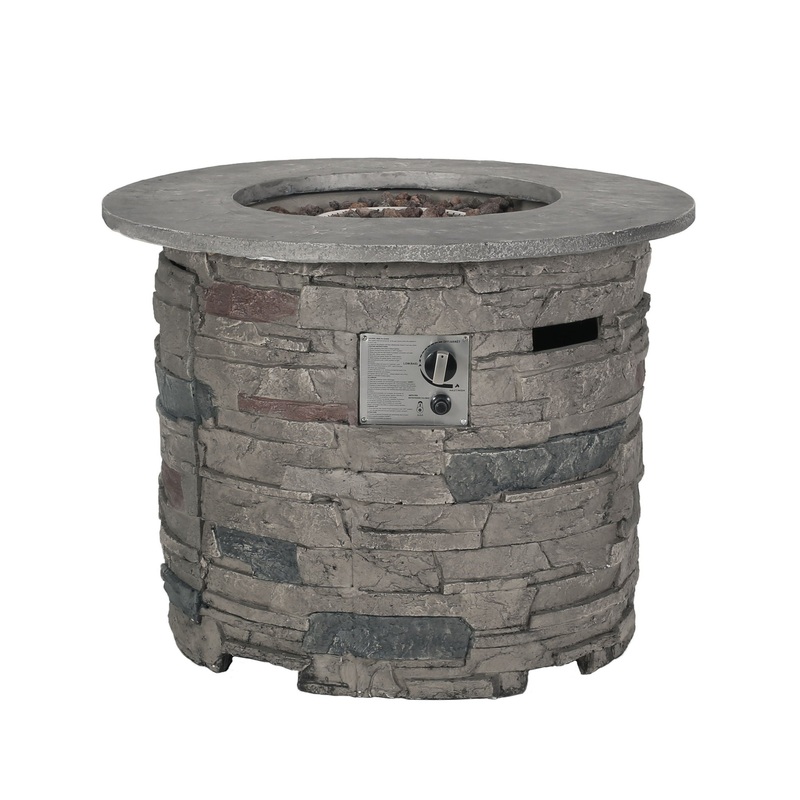 Transitional Outdoor 32 Round Propane Fire Pit Table, Lightweight Concrete Construction – Stone Gray