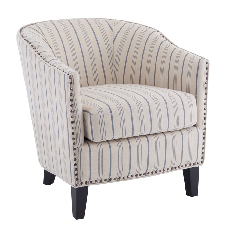 Transitional Upholstered Stripe Barrel Chair With Birch Wood Legs And Plush Cushioned Seat – Beige / Blue Stripe
