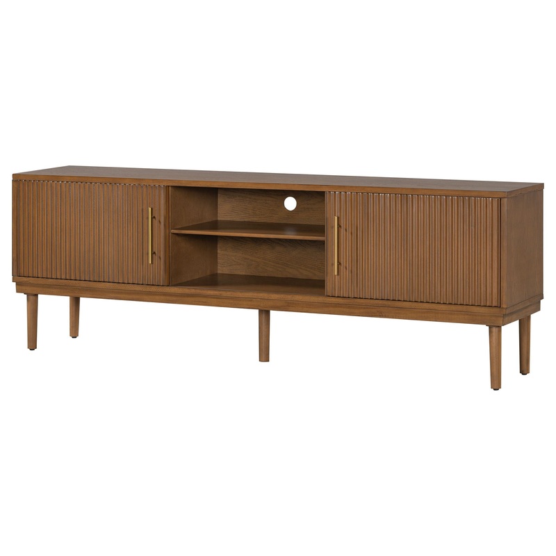 TV Stand With Vertical Slatted Doors And Sliding Panels, Solid Wood Legs – Brown