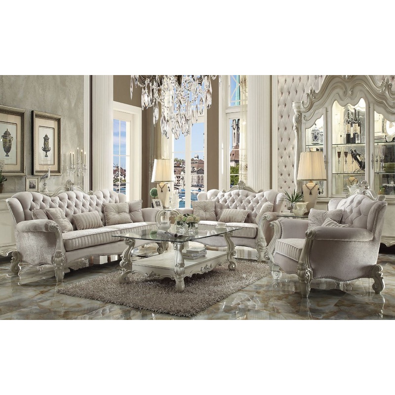 Versailles – 47 Sofa With 5 Pillows – Ivory Fabric & Bone White