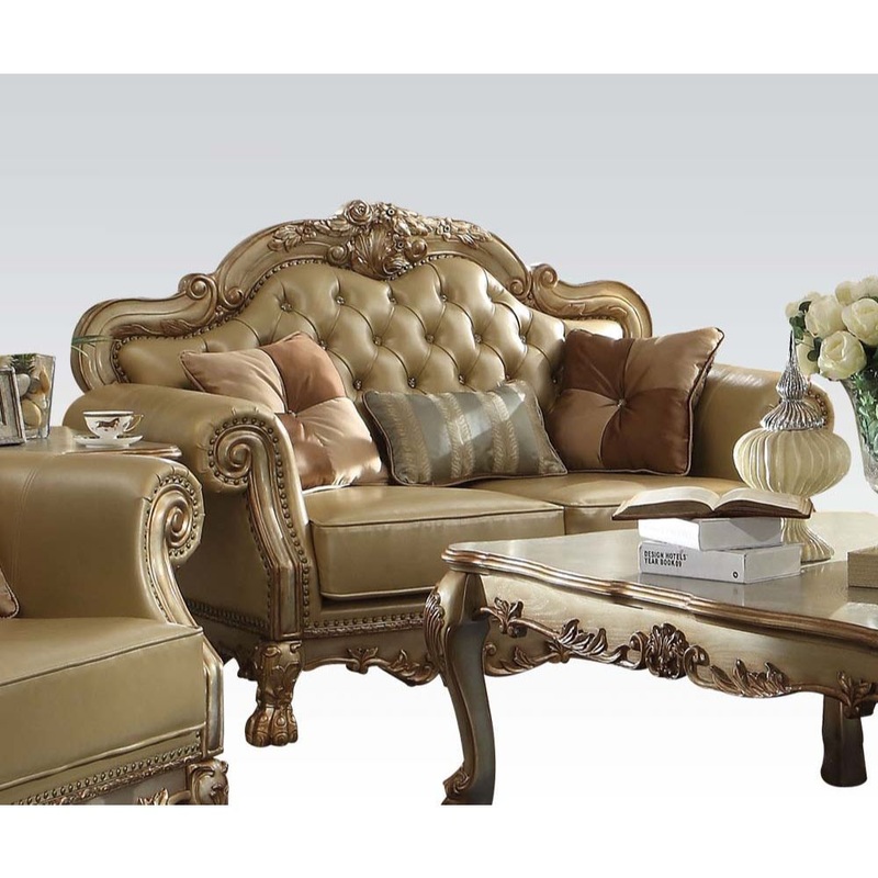 Dresden – Loveseat With 3 Pillows – Bone Synthetic Leather & Gold Patina