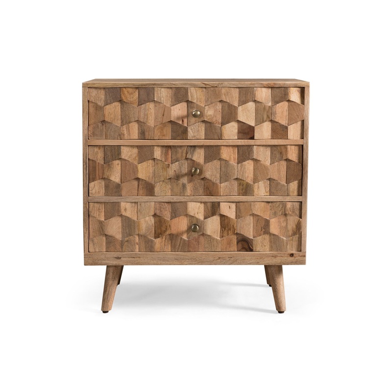 Mid Century Modern Mango Wood 3 Drawer Chest With 3D Tile Weave Design – Natural