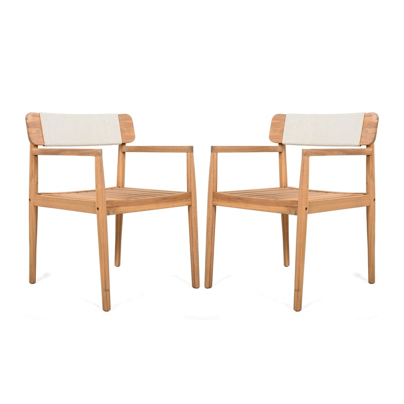 Creative Braided Acacia Wood Outdoor Dining Table And Chairs With Armrests (Set of 2) – Teak / White