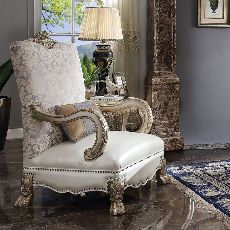 Dresden II – Chair With Pillow – Pearl Synthetic Leather /Fabric & Gold Patina