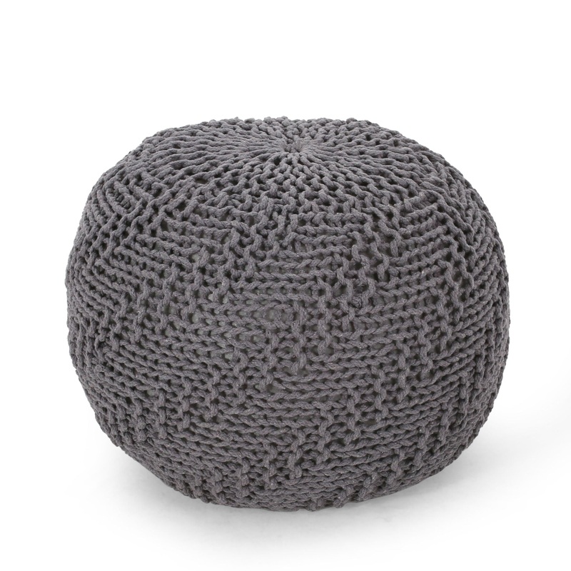 Hazel – Modern Knitted Cotton Yarn Round Pouf With Eco Friendly Pet Fibers – Dark Gray