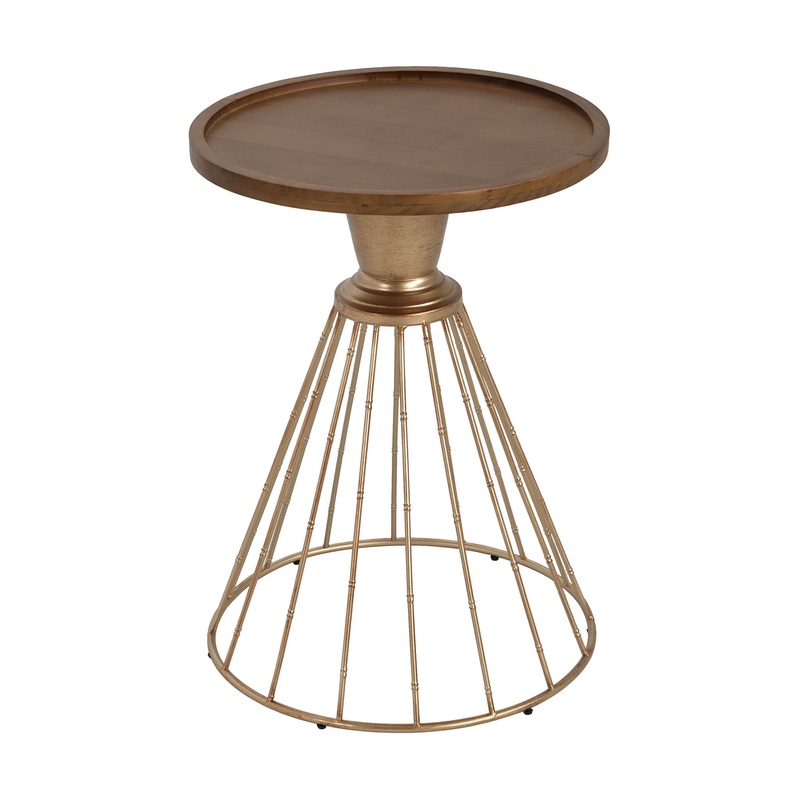 Hollow – Edge Retro Art Pine Side Table With Antique And Natural Color, Iron And Pine Construction – Antique Gold / Natural