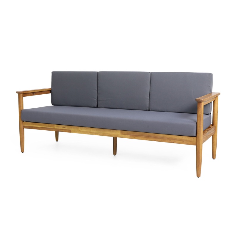 Outdoor 3 Seater Sofa With Cushion And Teak Acacia Wood – Dark Gray