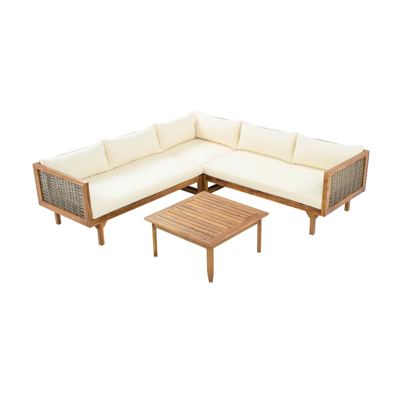 Premium Outdoor Sofa Set With Waterproof Cushions Sectional Seating Group With Acacia Wood And Wicker – Brown Mix / Beige